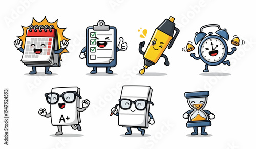 Cute cartoon stationery characters with cheerful expressions and accessories