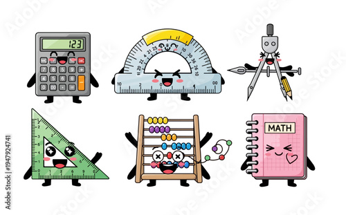 Cute cartoon math tools with smiling faces for educational design