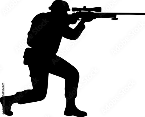 Silhouette of a soldier aiming a sniper rifle from a crouched position isolated on white background