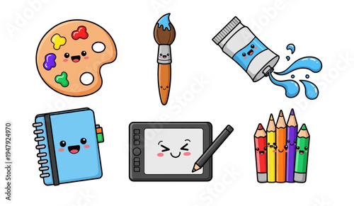 Cute cartoon art tools including paint palette, brush, and colored pencils