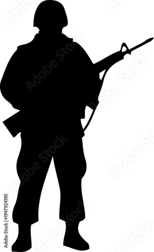 Silhouette of a Soldier Standing with Rifle Military Personnel Isolated on White Background