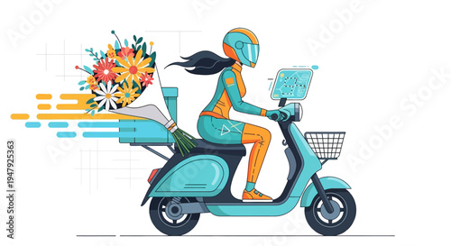 Delivery person riding scooter with colorful package illustration