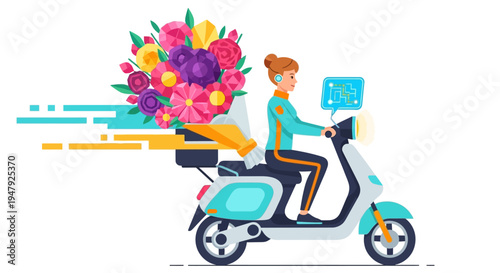 Delivery person riding scooter with bouquet of flowers