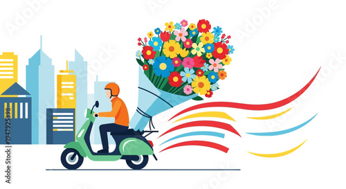delivery person riding scooter with bouquet flowers city background
