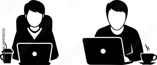 Two people working on laptops with coffee simple icons representing remote work and office collaboration