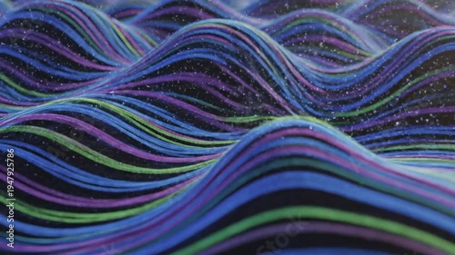 Abstract flowing waves of colorful threads with sparkling particles, futuristic digital background.