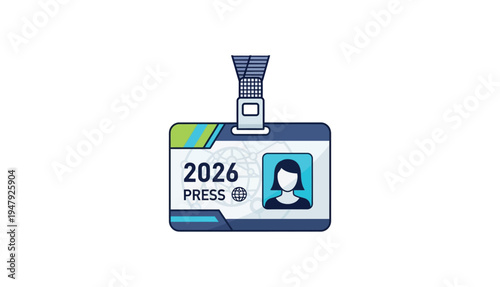 2026 Press Pass ID Card Icon; Journalist Media Badge with Photo Avatar and Lanyard for Global Events, Sports Tournaments and News Coverage, Flat Vector Illustration Isolated on White Background.