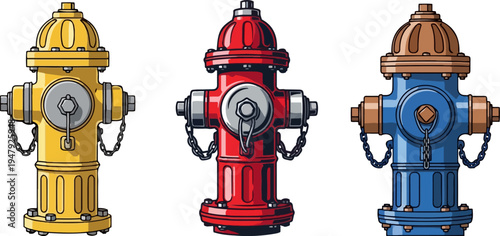 Three Fire Hydrants Yellow Red Blue Standing Isolated White Background Service Equipment