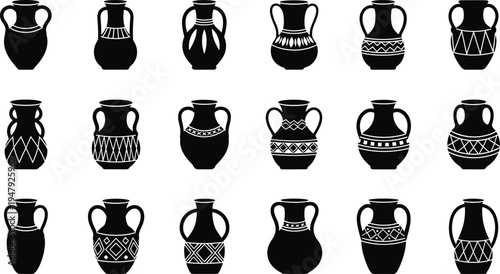 Ancient pottery vase silhouettes collection with decorative ceramic amphora shapes and traditional ornament patterns isolated on white background for historical art design