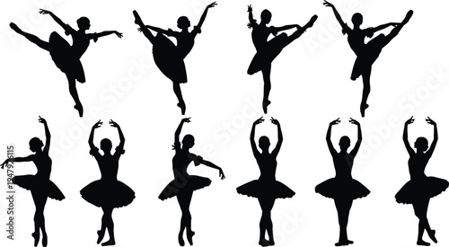 Ballet dancer silhouettes collection showing graceful ballerina poses, classical dance performance movements isolated on white background for performing arts design