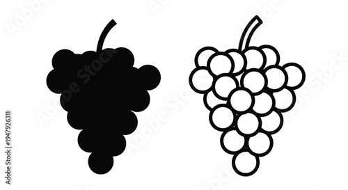 Two bunches of grapes depicted in contrasting styles a silhouette