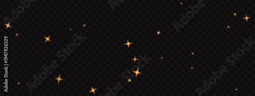 Starlight confetti background template. Vector golden glowing stars with shimmer trail effects on dark transparent backdrop, symbolizing festive party atmosphere and celestial magic concept.