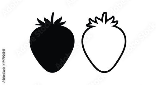 Two strawberries are depicted one solid and one outlined silhouette