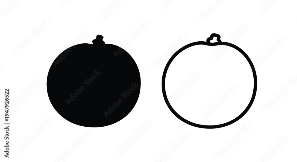 Fototapeta premium Two round fruits one solid and one outline in black and white silhouette