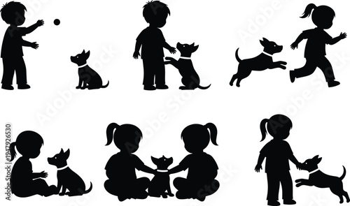 Children playing with pet dog silhouettes, kids and puppy friendship moments, cute animal interaction, childhood fun, pet care, playful activities