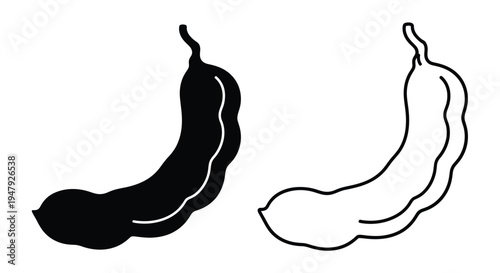 Two tamarind pods one black and one white in outline silhouette