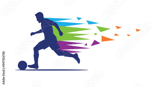 2026 Football Player Silhouette with Dynamic Colorful Motion Trails; Soccer Athlete Running with Ball, Abstract Sports Competition Graphic, Global Cup Tournament Illustration Isolated on White.