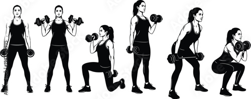 Comprehensive set of fitness illustrations featuring a woman performing dumbbell exercises like squats lunges bicep curls and overhead presses for workout (20 words)