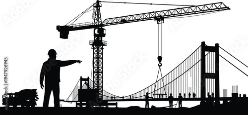 Construction site silhouette with tower crane, workers and suspension bridge project, civil engineering infrastructure development scene isolated on white background