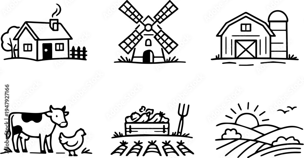 Obraz premium Farm agriculture line icon set