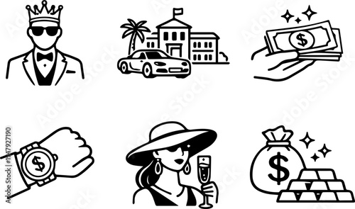 Luxury lifestyle wealth money car villa diamond champagne line icons set. Vector