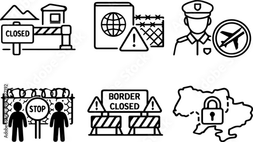 Border control immigration security checkpoint passport restriction line icons set. Vector