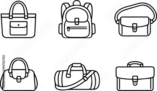Bags collection backpack handbag travel bag and waist bag line. Vector