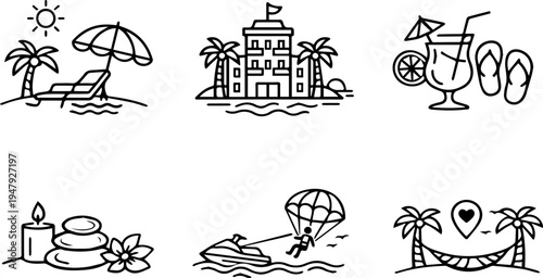Tropical vacation resort line icon set