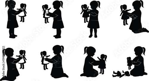 Little girl playing with doll silhouette collection, child nursery play set, daughter holding toy, childhood imagination, toddler girl vector graphics.