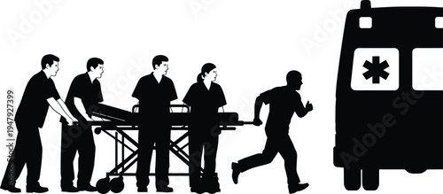 Emergency medical team transporting patient on stretcher to ambulance silhouette illustration, paramedics rushing for urgent hospital care isolated on white background