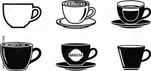 Coffee cup and barista mug icon collection with latte cappuccino espresso drink silhouettes isolated for cafe beverage branding