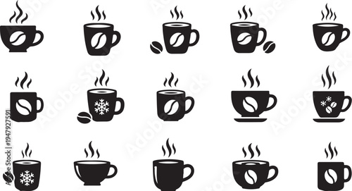 Black and white coffee cup icons with steam rising