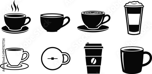 Coffee cup and takeaway mug icon collection with espresso latte cappuccino hot beverage silhouettes isolated for cafe menu branding
