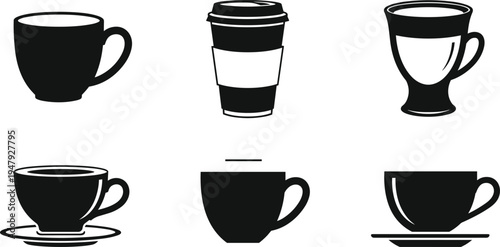 Coffee cup and takeaway mug icon collection with espresso latte drink silhouettes isolated for cafe beverage branding design