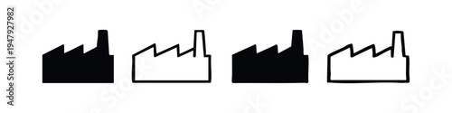 Industrial Factory Icons Set. Plant Building Symbol with Chimney in Flat and Hand-Drawn Style.