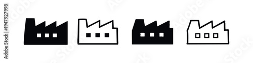 Factory Building Icons Set. Industrial Plant Symbol in Flat and Hand-Drawn Style.