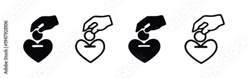 Hand with coin dropping into heart donation box icons set. Charity and giving symbols in black and outline style.
