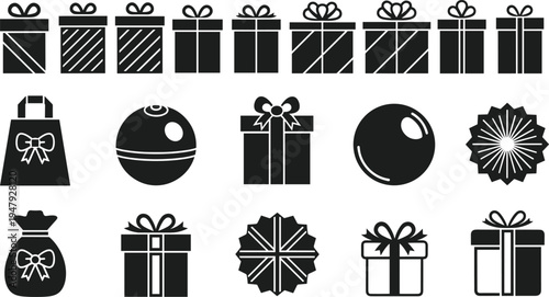 Gift icons, holiday boxes, festive ornaments, ribbon styles, celebration symbols, silhouette design, vector set, seasonal decor, minimal sketch, packaging art