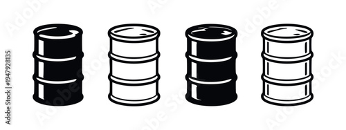 Oil Barrel Icons Set. Petroleum Drum Symbols in Various Graphic Styles.