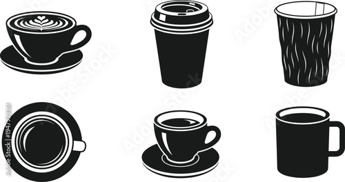 Coffee cup and takeaway mug icon collection with latte art espresso drink silhouettes isolated for cafe beverage branding