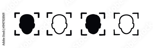 Facial Recognition Icon Set. Biometric Face ID Scanning Technology Symbols in Solid and Outline Style.