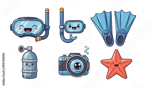 Cute cartoon diving equipment and starfish with smiling faces
