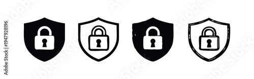 Shield and Padlock Security Icon Set. Protection and Privacy Symbols in Modern and Hand-Drawn Styles.