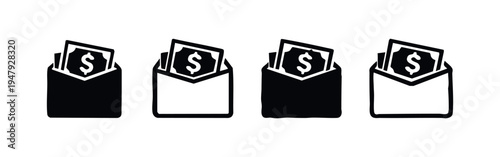 Money in Envelope Icon Set, Payment and Financial Mail Symbols, Salary and Cash Delivery Vector Icons