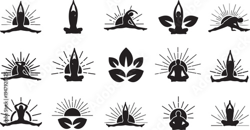 Yoga icons set with various poses and sun symbols
