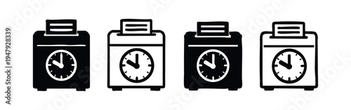 Black and White Time Clock and Punch Clock Icons Set for Attendance and Work Tracking
