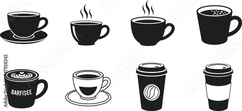 Coffee cup and takeaway mug icon set with espresso latte cappuccino barista drink silhouettes for cafe beverage branding