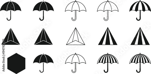 Umbrella Icon Set with Minimalist Rain Protection Symbols Striped Parasol Design Elements Pyramid Shapes and Hexagon Vector Illustration for Weather Apps