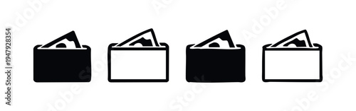 Black and White Wallet with Money Icons Set for Finance and Payment Concepts