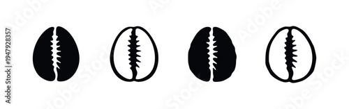 Black and White Cowrie Shell Icons Set Representing Nature and Ancient Currency